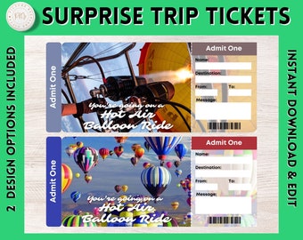 Printable Hot Air Balloon Surprise Gift Ticket | Hot Air Balloon Printable Boarding Pass | Personalised Present | Hot Air Balloon Vacation