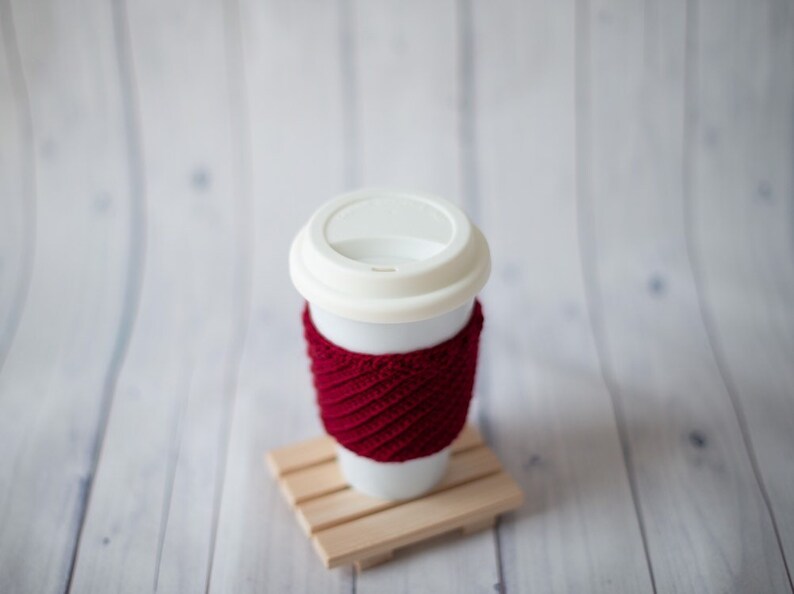 Coffee cup holder knitted wool yarn Mug cozy coffee dark red Etsy