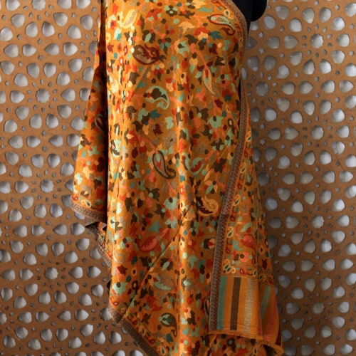 Cashmere Woven Fine Pashmina Wool Wrap KashCrafts shops Luxury Kani Weaving Women's Winter Hijab Boho Gold Flore Kashmir Product