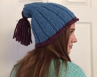 Warm and gorgeous, hand knit teal and grape set of slouchy wool hat and matching wristlets.