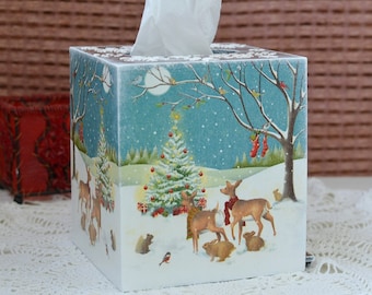 Wood blue tissue box cover Merry Christmas tree decor square napkin holder Dispenser with bottom Wooden tissue storage deers and rabbits