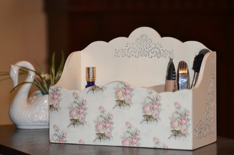 Wood Desk Organizer Wooden Shabby Chic Rose Decor Cosmetics Etsy