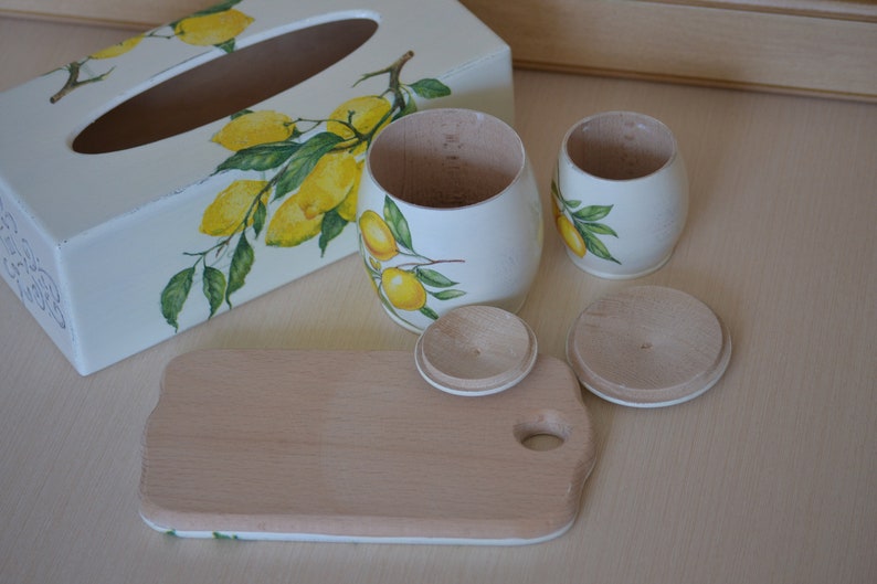 Wooden lemon decor tissue box cover Kleenex Wood kitchen canister Shabby chic yellow cottage Home storage Lavender gift for wife