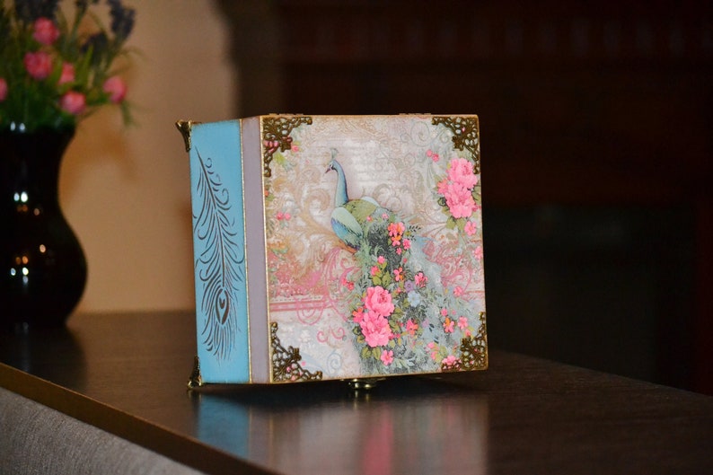 Blue jewelry box peacock Gold wooden keepsake Victorian memory Etsy
