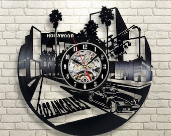 Los Angeles Wall Clock Vintage Los Angeles City Vinyl Record Wall Clock Hollywood Travel Birthday Gift For Her Room Decor Wall Clock Modern