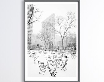 Flatiron Building Black and White Photograph in Winter, Snow, New York City, New York, Wall Art, Office Decor, Digital Print, Photo, Gift