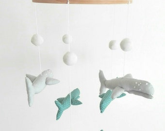 Whales Mobile for crib, baby mobile, crib mobile, nursery decor, nursery mobile, whales mobile, green whales, gray whales mobile