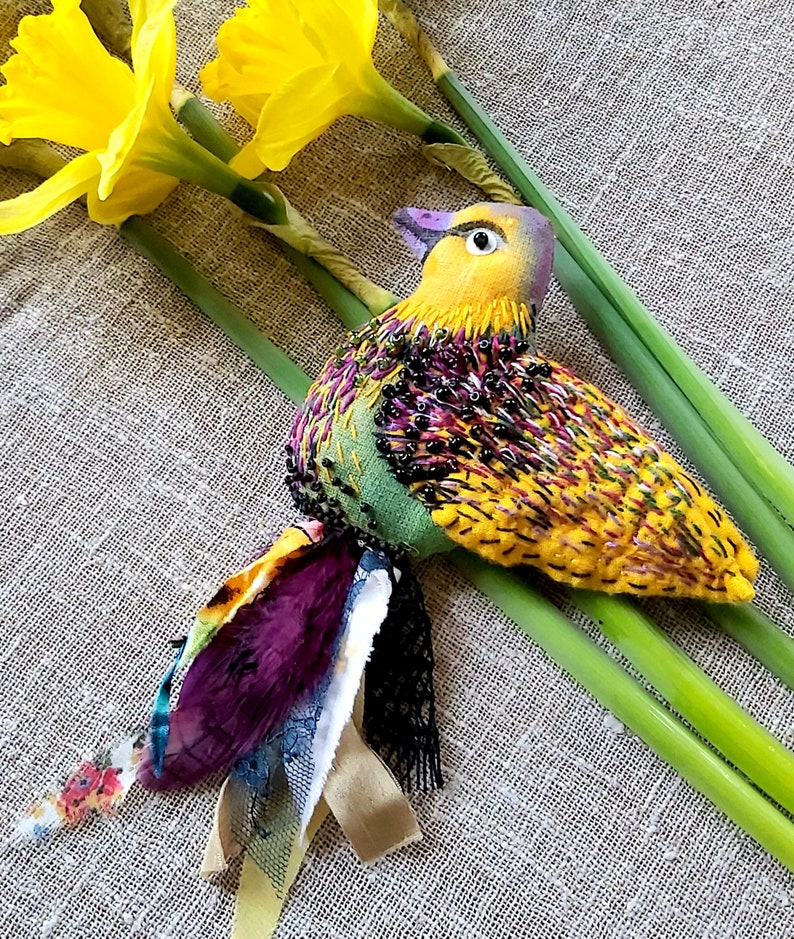 Bird brooch Textile jewelry Textile brooch Embroidered brooch Embroidered jewelry