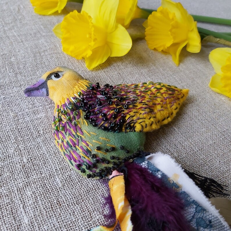 Bird brooch Textile jewelry Textile brooch Embroidered brooch Embroidered jewelry