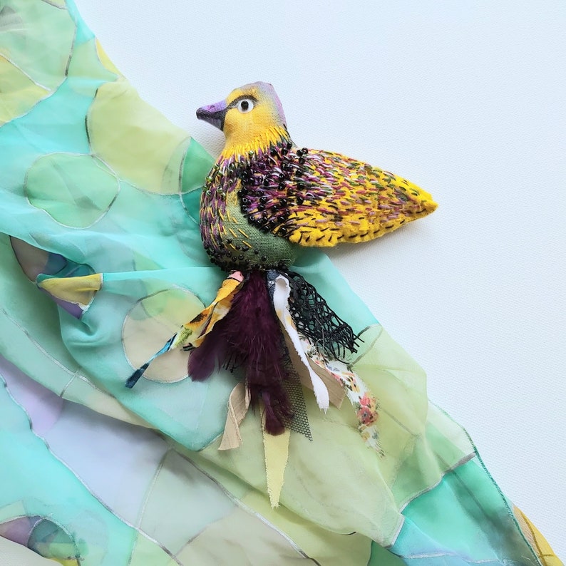 Bird brooch Textile jewelry Textile brooch Embroidered brooch Embroidered jewelry