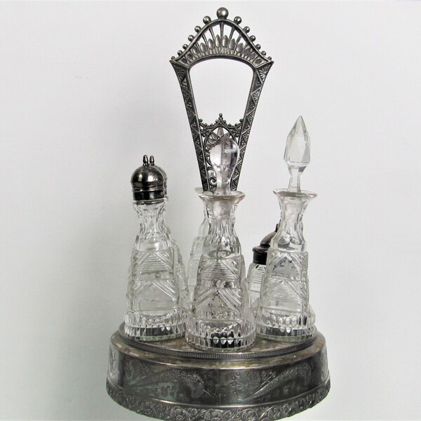 Antique Mermod Jaccard And Company Quadruple Plate Six Bottle Etched Glass Cruet Set and Castor