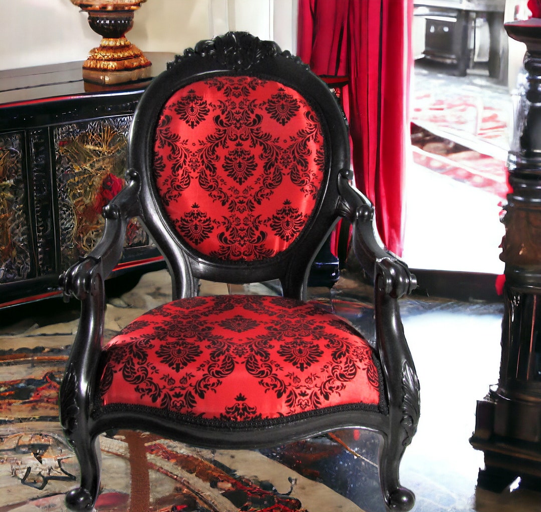 Wood Parlor Chair Ornately Carved Gloss Black With Black