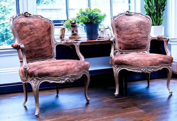 Vintage French Louis XV Style Armchairs, Brindle Cowhide & Carved Wood, Pair