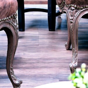 Pu&ograve; includere: Due sedie in legno ornate con rivestimento in pelle marrone e dettagli argentati. Le sedie sono posizionate su un pavimento in legno.