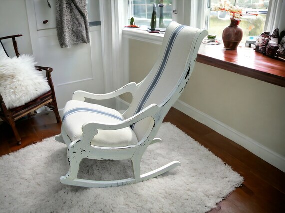 Upholstered Rocking Chair Vintage Farmhouse Style White and Navy Distressed With Navy Grainsack Stripe Etsy UK