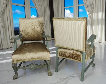 Pair of Hand Painted Sage Green with Champagne Gold Crushed Velvet Upholstered Chairs