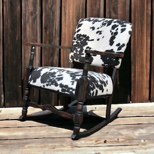 Faux Cowhide Rocking Chair Vintage Black and White  Black Distressed Smaller Frame