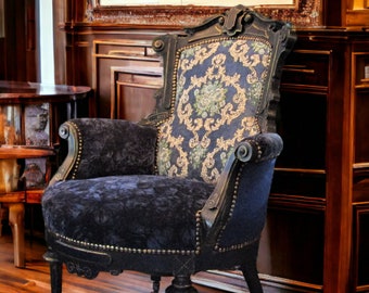 Eastlake Barrel Chair: Navy Crushed Velvet, Brocade & Gilded Wax