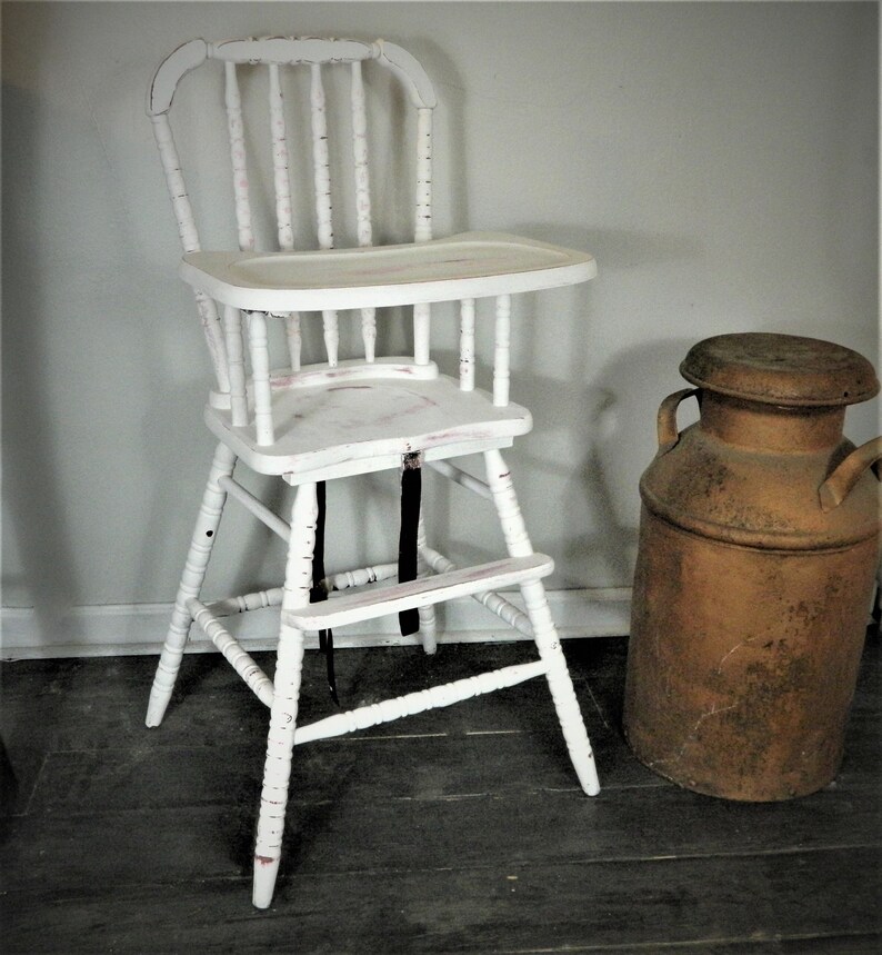 Jenny Lind Style Farmhouse Vintage Wood High Chair White Over Baby Pink