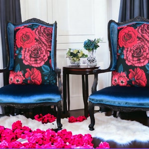 Bold Teal and Pink Floral Wingback Chairs: Boho Ornate Wood Frame, Teal Velvet - Pair