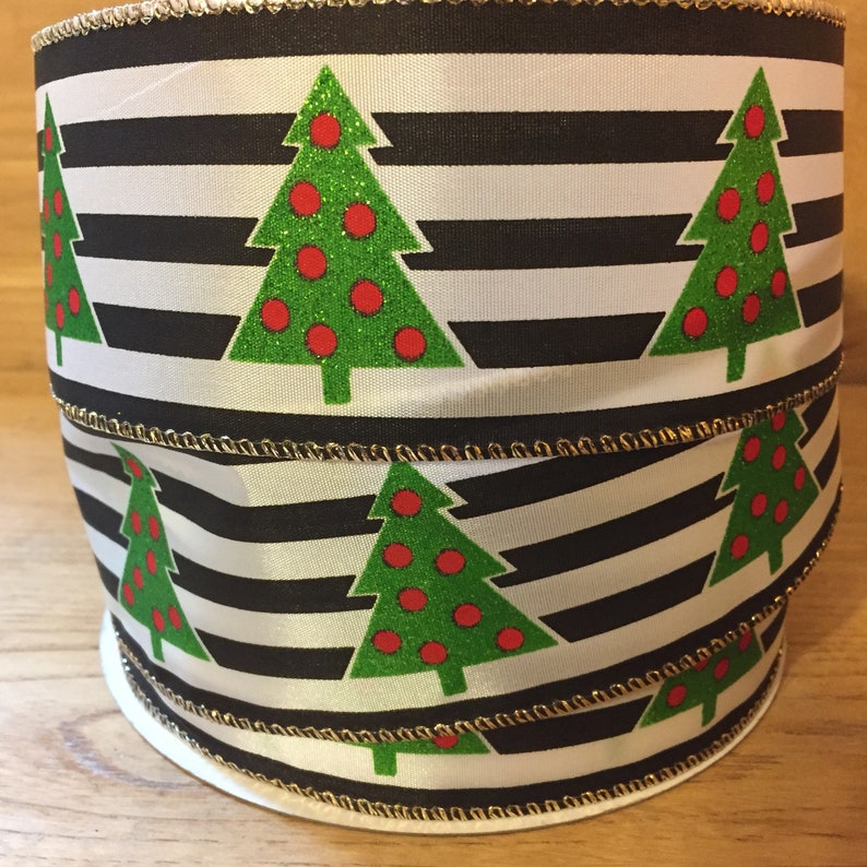 Christmas Ribbon 10 yds Christmas Ribbon Satin 5 yds Christmas Ribbon Wired 2.5 Black and White Stripe Sparkly Christmas Tree Ribbon