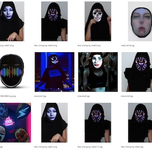 May include: A collection of images showcasing various LED face masks and a DJ wearing a mask. The masks display different designs, including a skull, geometric patterns, and a face with changing expressions. The masks are black and have LED lights.