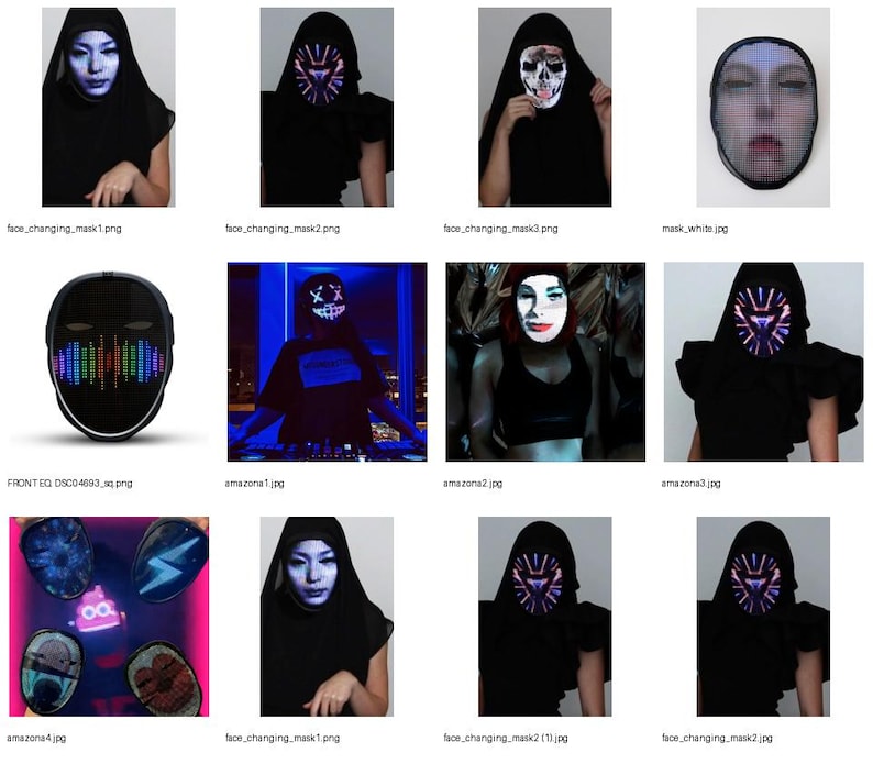 K&ouml;nnte beinhalten: Eine Sammlung von Bildern, die verschiedene LED-Gesichtsmasken und einen DJ mit einer Maske zeigen. Die Masken zeigen unterschiedliche Designs, darunter ein Totenkopf, geometrische Muster und ein Gesicht mit wechselnden Ausdr&uuml;cken. Die Masken sind schwarz und haben LED-Lichter.