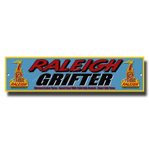 May include: A blue and yellow sign with the text "RALEIGH GRIFTER" in red and black letters. The sign also features the Raleigh bicycle logo with the text "RALEIGH NOTTINGHAM ENGLAND" in red and black letters. The sign reads "Sturmay Archer Three-Speed Gear With Twist Grip Control-Super Grip Tyres".