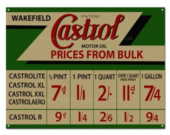 Castrol Prices From Bulk metal display sign size 12" x 16" Garage wall decor.