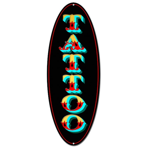 Tattoo Studio - Signo de metal de forma ovalada de tatuaje. tamaño 16" Alto x 6" Ancho. arte del tatuaje.