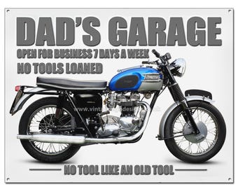 Dad's Garage metal sign size 16"x12" Featuring a Triumph Bonneville T120.