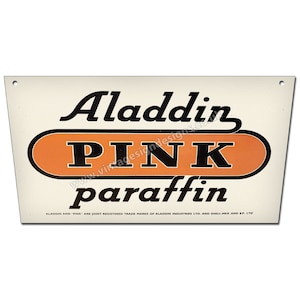 Aladdin pink paraffin machine cut,shaped metal garage sign. Size 12 x 5.5&quot;