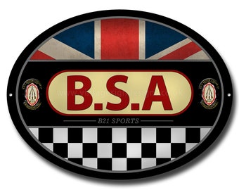 B.S.A B21 Máquina deportiva cortada / perfilada señal ovalada de metal. Producto B.S.A con licencia oficial. © y ™ BSA