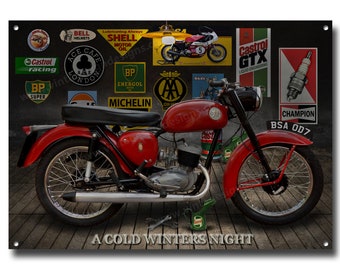 A Cold Winters Night Motorcycle Art metal sign. size 8"x11"