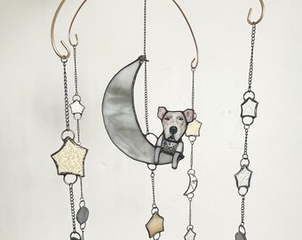 Pittie Mix Pup Baby Mobile, Over the Moon, Baby Decor, Baby Room Decor, Doggy, Moon and Stars Decor, Stained Glass