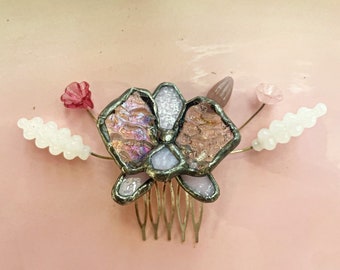 Pretty Little Orchid, Bridal Hair Comb, Hair Comb, Bridesmaids Gift, Maid of Honor Gift, Stained Glass, Bridal Hair Accessories, Orchids,