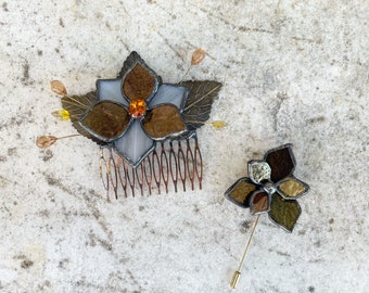 Custom Hair Comb and Boutonnière, Lapel Pin, Bridal Hair Comb, Stained Glass, Custom Design, Groom To Be, Art Deco, Florals