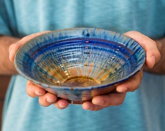 Stoneware Plate, Blue Pottery Bowl, Ceramic Salad Bowl, Pasta Plate