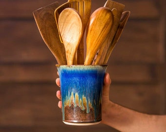 Ceramic Utensil Holder / Pottery Utensil Crock in Amber Blue, Ceramic Flower Pot, Great as a New House Gift