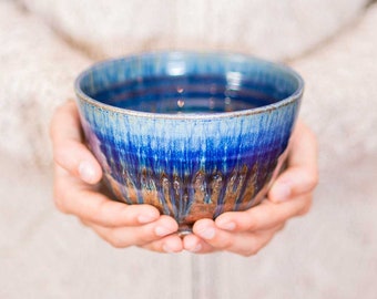 Pottery Cereal Bowl, Brown & Blue Ramen Bowl, also great as a Handmade Ceramic Tea Bowl, Noodle bowl and a Key Bowl