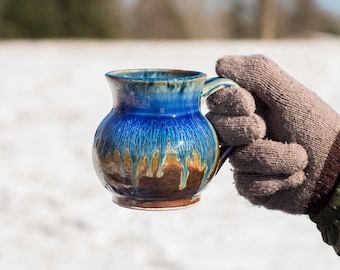 11 oz. Small Ceramic Round Mugs in Amber Blue, Handmade Stoneware Mug, Aesthetic Mug, Pottery Coffee Mugs / Tea Cups