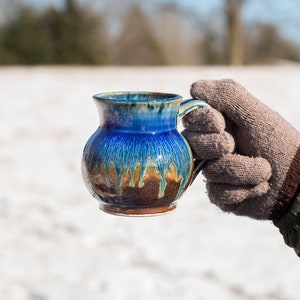 11 oz. Small Ceramic Round Mugs in Amber Blue, Handmade Stoneware Mug, Aesthetic Mug, Pottery Coffee Mugs / Tea Cups