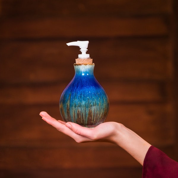 Handmade Ceramic Soap Dispenser Pump, Amber Blue Hand Soap Dispenser, Dish Soap Dispenser