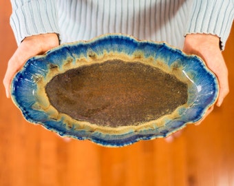 Large Scalloped Serving Platter, Handmade Pottery Platter, Ceramic Baking Dish