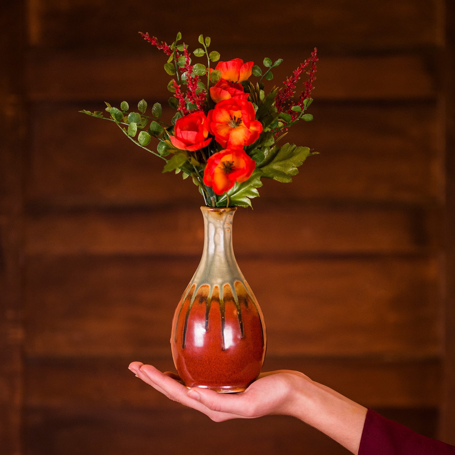 Green & Red Ceramic Vase, Tall Bud This Small Vase Is Great As A New House Gift