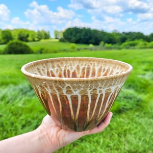 May include: A brown and white ceramic bowl with a unique glaze pattern. The bowl is held in a hand against a blurred background of green grass and a blue sky.