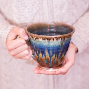 Blue Large Pottery Mug, Handmade Ceramic Soup Bowl, Pottery Coffee Mugs, Soup Mug With Handle