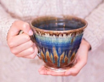 Blue Large Pottery Mug, Handmade Ceramic Soup Bowl, Pottery Coffee Mugs, Soup Mug With Handle