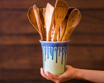 Ceramic Utensil Holder / Pottery Utensil Crock for Blue Mint Green Decor, Ceramic Flower Pot, Great as a New House Gift