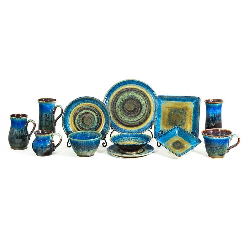 Stoneware Plate, Blue Pottery Bowl, Ceramic Salad Bowl, Pasta Plate image 10